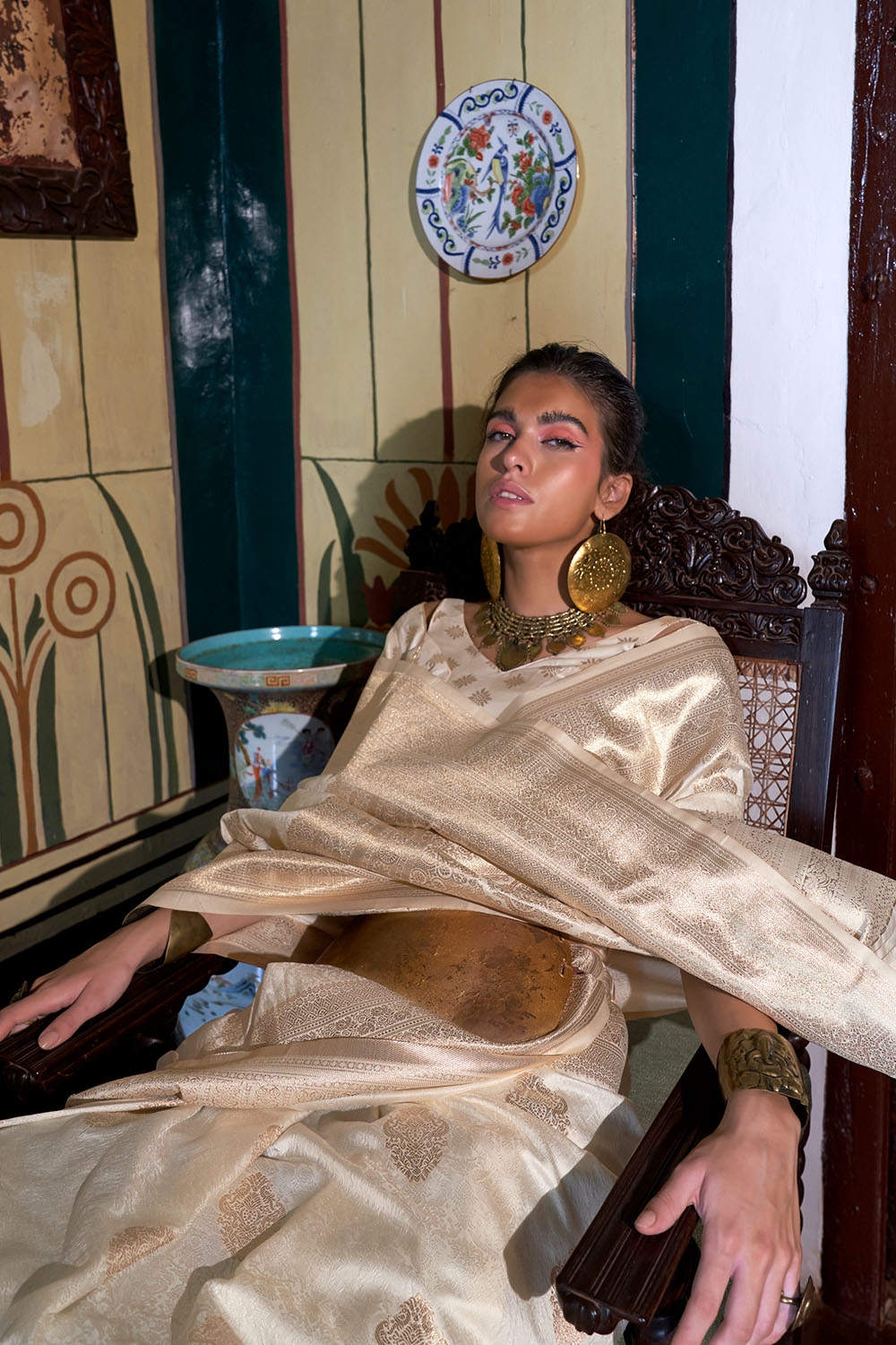 Auri Gold Beige Silk Woven Ready to Wear One Minute Saree