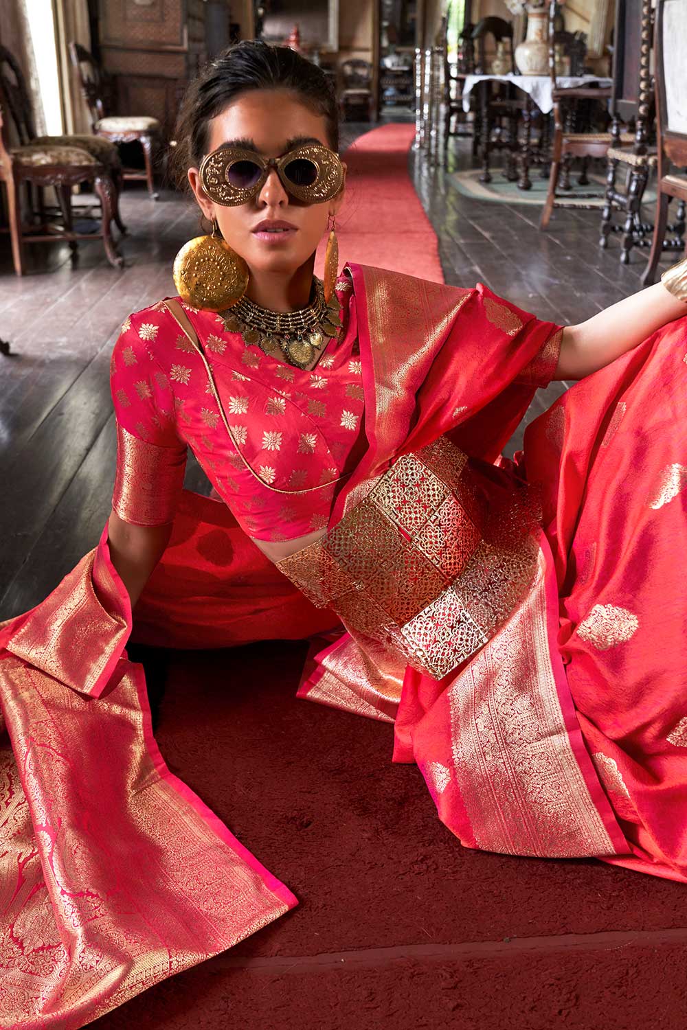 Auri Gold Red Silk Woven Ready to Wear One Minute Saree