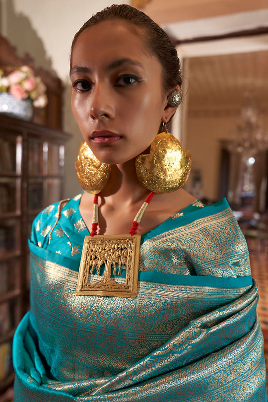Auri Gold Teal Silk Woven Ready to Wear One Minute Saree