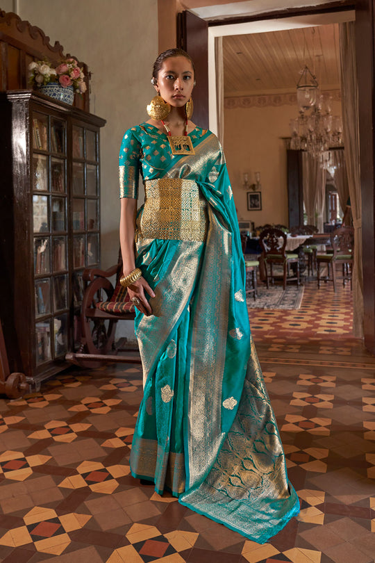Auri Gold Teal Silk Woven Ready to Wear One Minute Saree