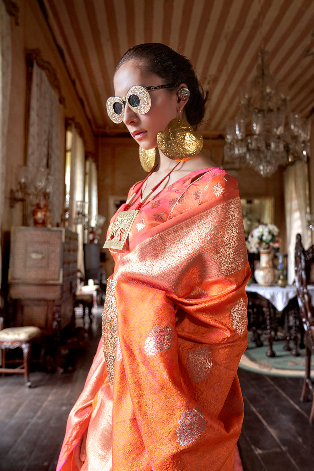 Auri Gold Orange Silk Woven Ready to Wear One Minute Saree