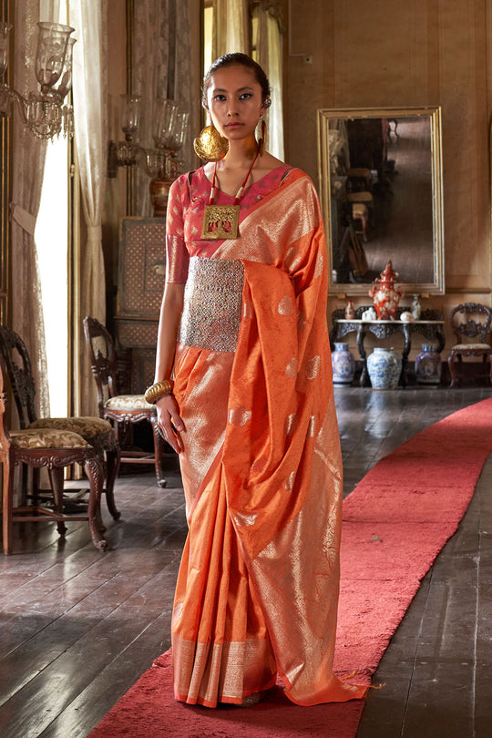 Auri Gold Orange Silk Woven Ready to Wear One Minute Saree