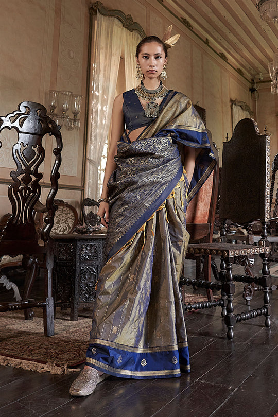 Lilka Steel Grey & Navy Blue Tussar Silk Handloom Weaving Ready to Wear One Minute Saree