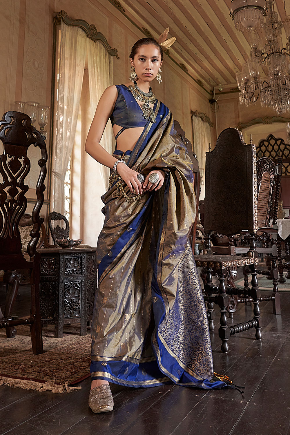 Lilka Steel Grey & Navy Blue Tussar Silk Handloom Weaving Ready to Wear One Minute Saree