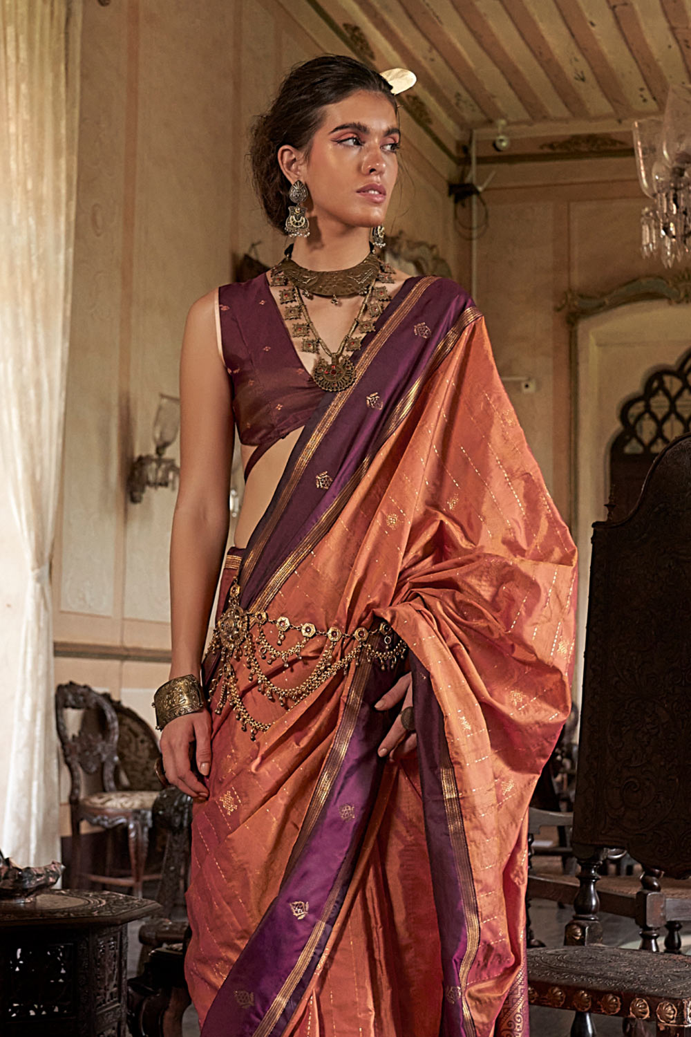 Lilka Peach Pink with Purple Border Tussar Silk Ready to Wear One Minute Saree