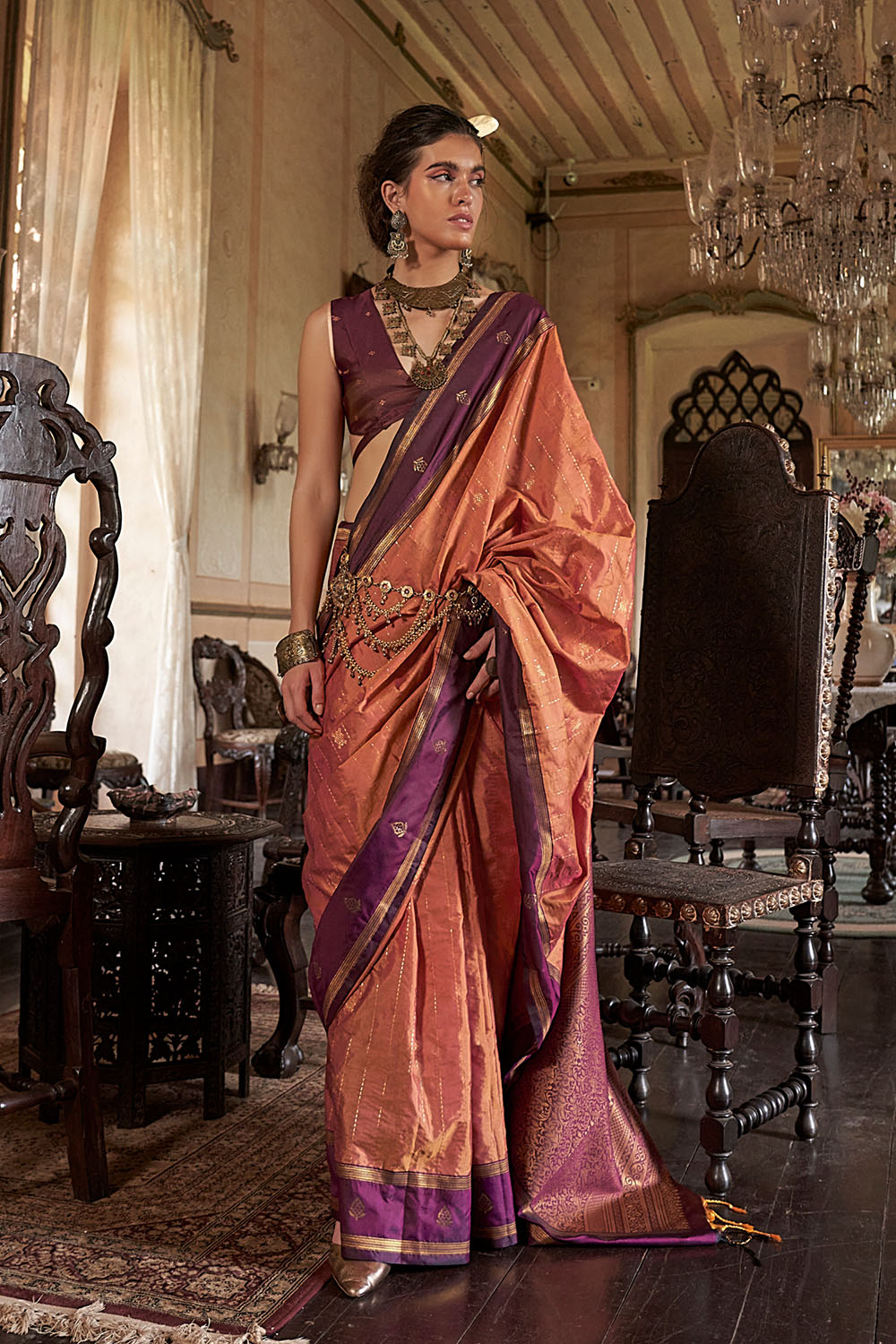 Lilka Peach Pink with Purple Border Tussar Silk Ready to Wear One Minute Saree