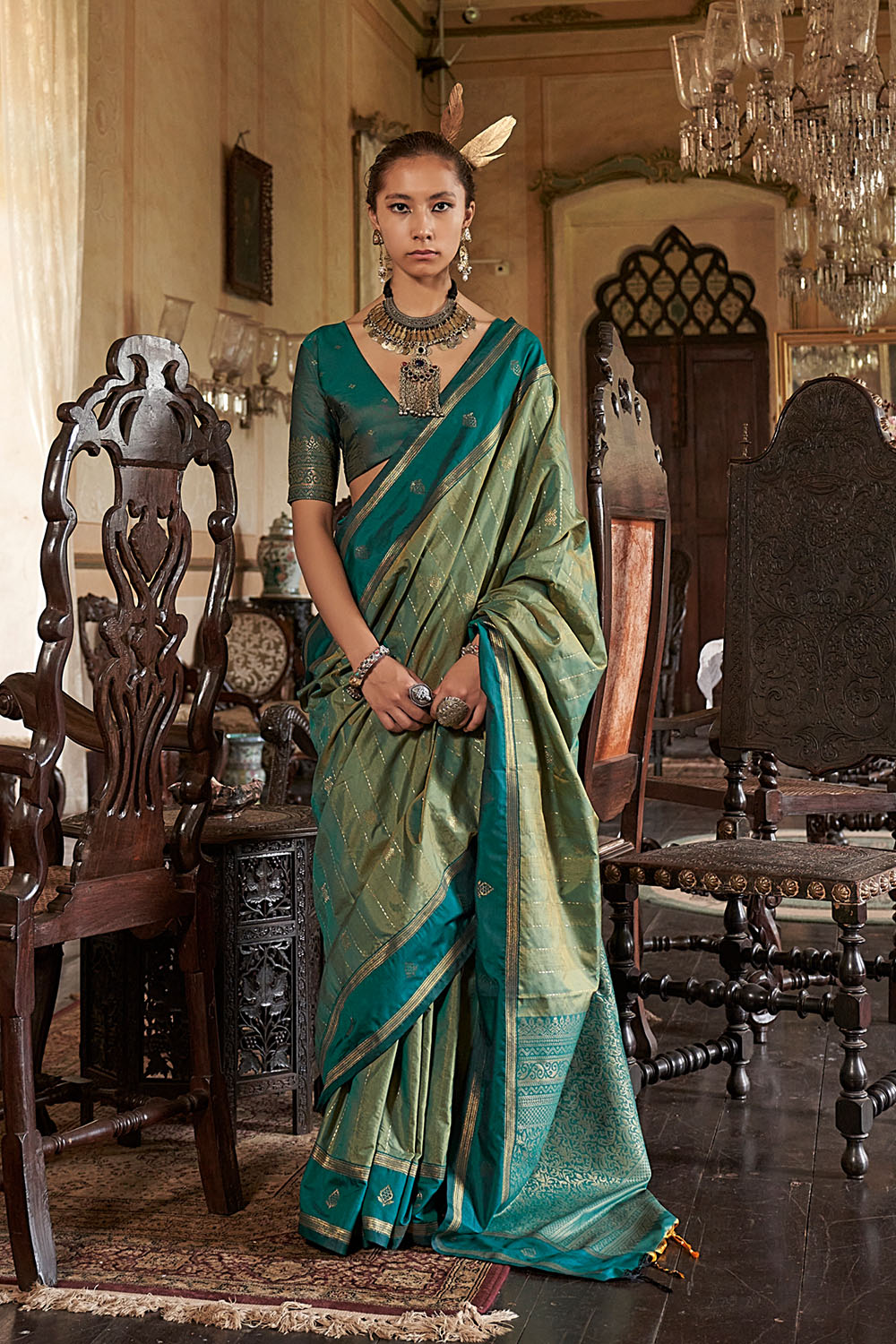 Lilka Teal Green Tussar Silk Handloom Weaving Ready to Wear One Minute Saree