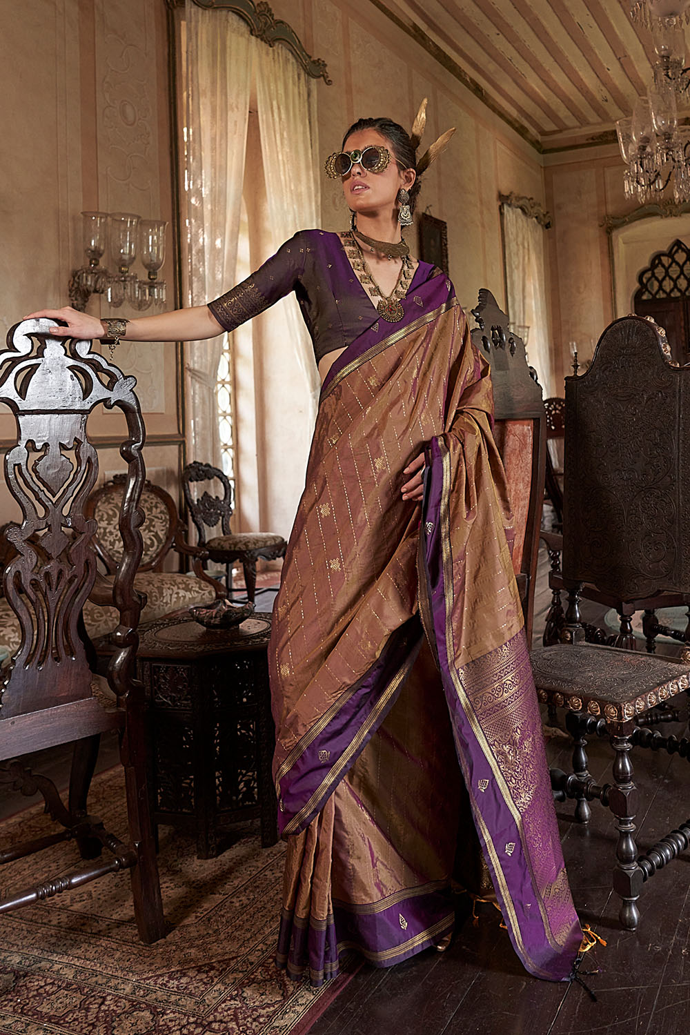 Lilka Brown Tussar Silk Handloom Weaving Ready to Wear One Minute Saree