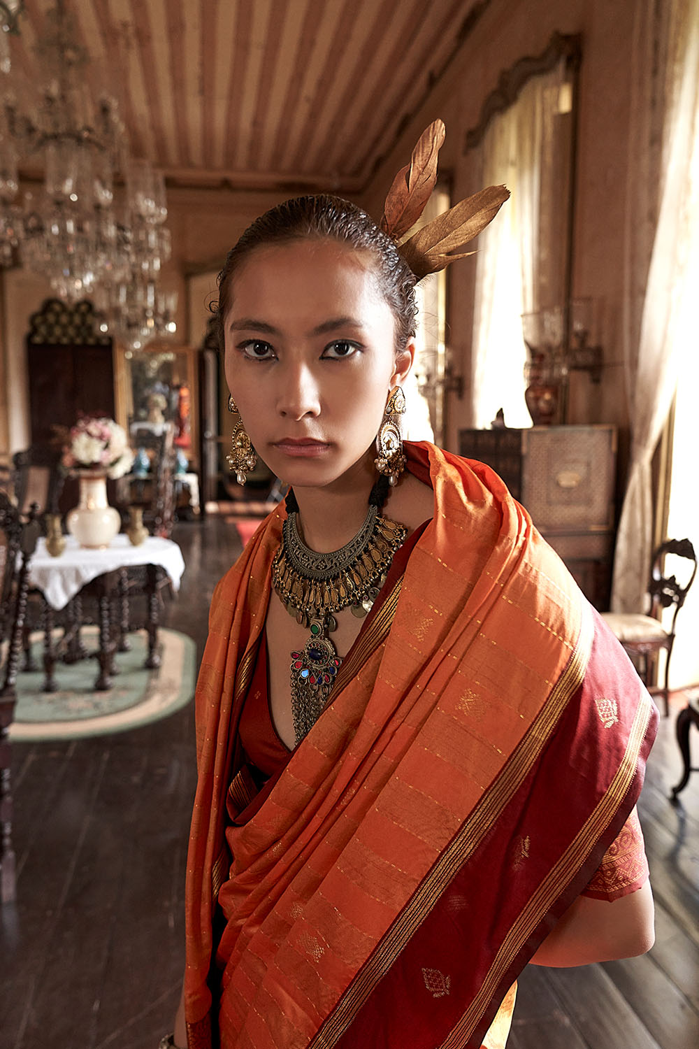 Lilka Rust Orange Tussar Silk Handloom Weaving Ready to Wear One Minute Saree