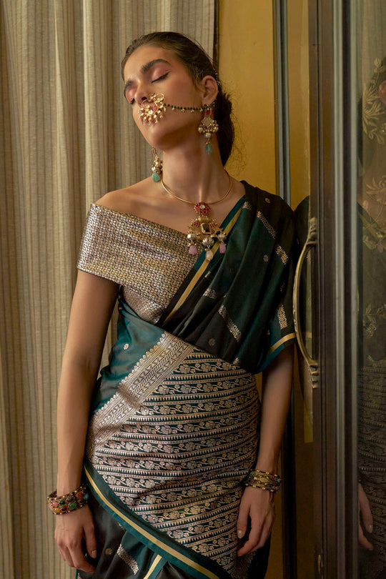Grace  Green &amp; Charcoal Grey Pure Satin Handloom Weaving Ready to Wear Saree