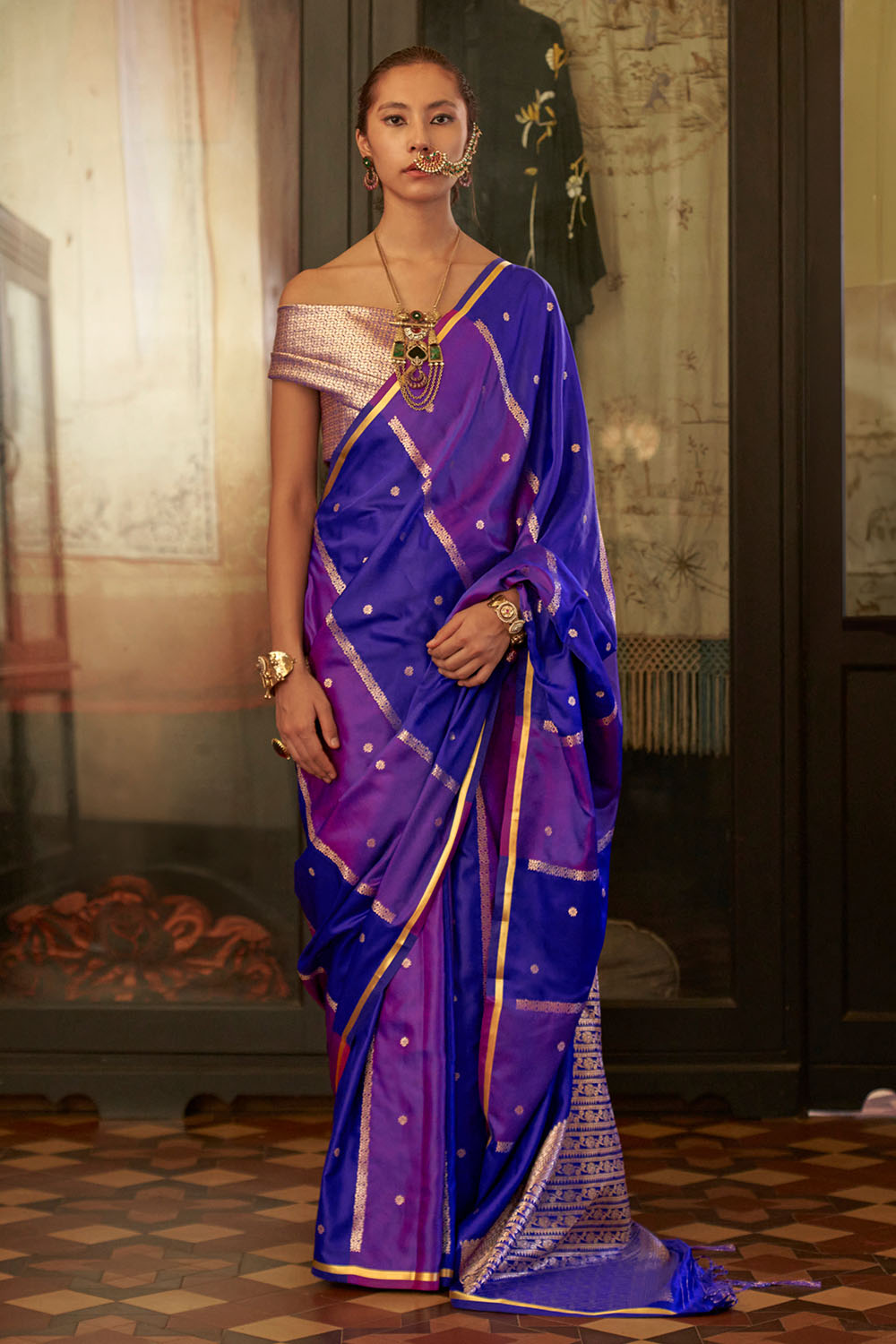 Grace Royal Purple &amp; Violet Pure Satin Handloom Weaving Ready to Wear Saree