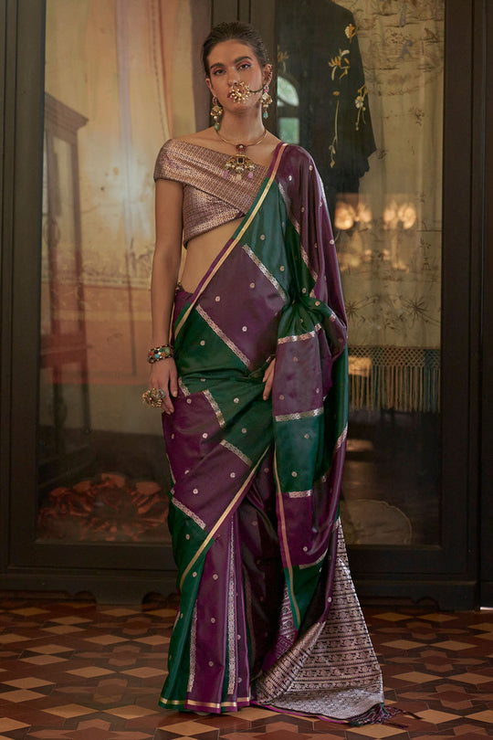 Grace Emerald Green and Burgundy Pure Satin Handloom Weaving Ready to Wear Saree