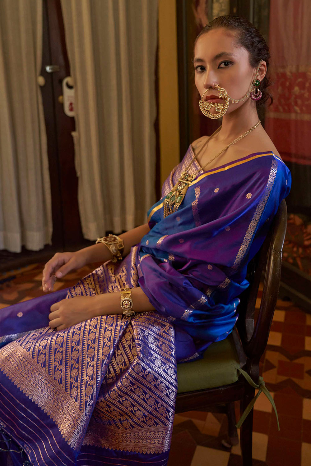 Grace Blue &amp; Purple Pure Satin Handloom Weaving Ready to Wear Saree
