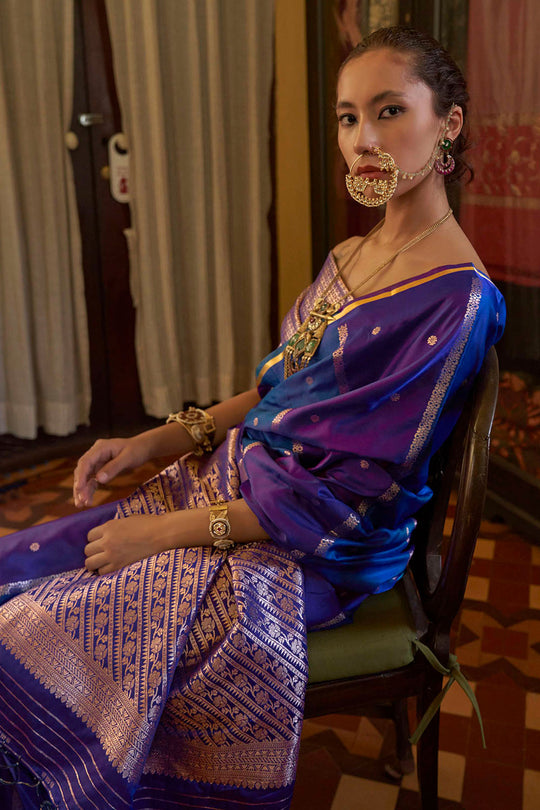 Grace Blue &amp; Purple Pure Satin Handloom Weaving Ready to Wear Saree