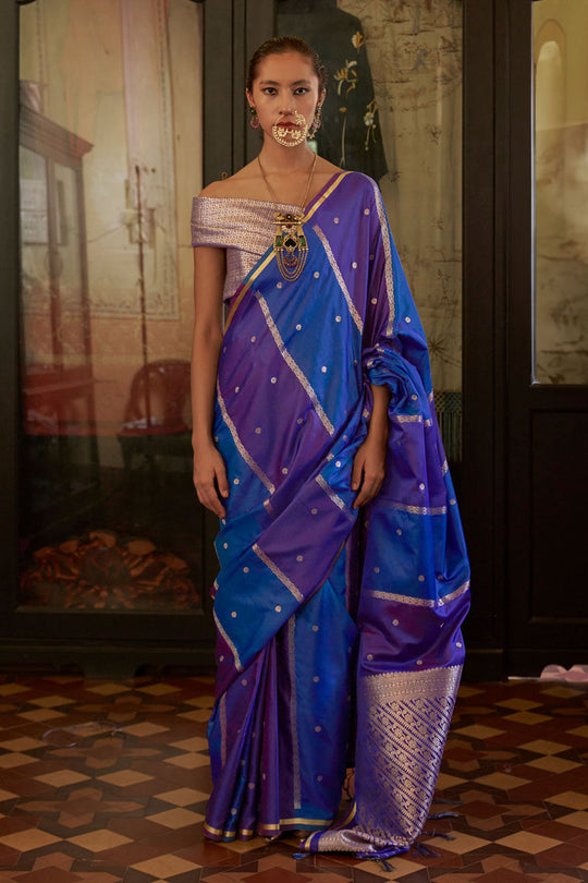 Grace Blue &amp; Purple Pure Satin Handloom Weaving Ready to Wear Saree