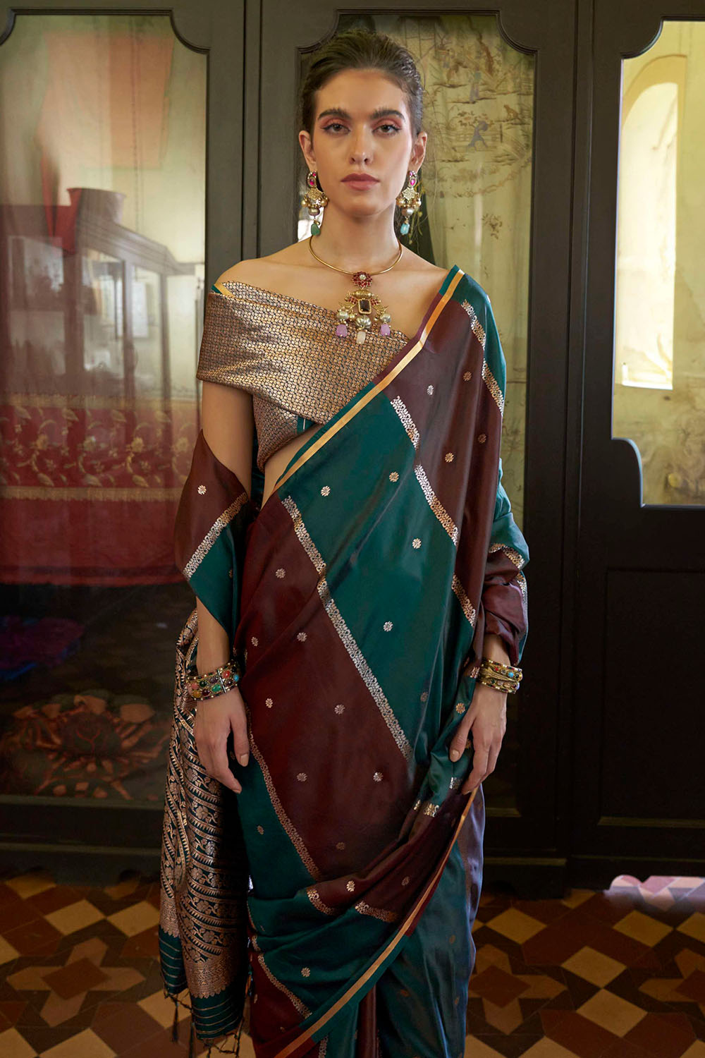 Grace Teal Green and Maroon Pure Satin Handloom Weaving Ready to Wear Saree