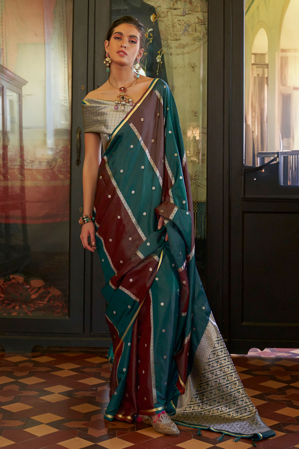 Grace Teal Green and Maroon Pure Satin Handloom Weaving Ready to Wear Saree