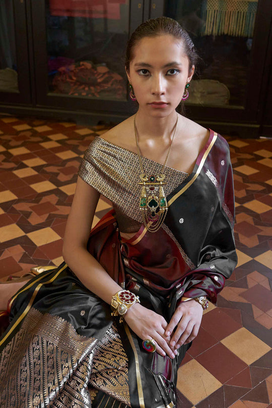 Grace Black and Maroon Pure Satin Handloom Weaving Ready to Wear Saree