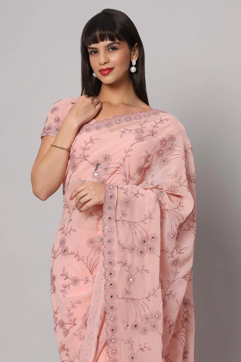 Esha Dusty Rose Georgette Embroidered & Mirror Work Ready to Wear One Minute Saree