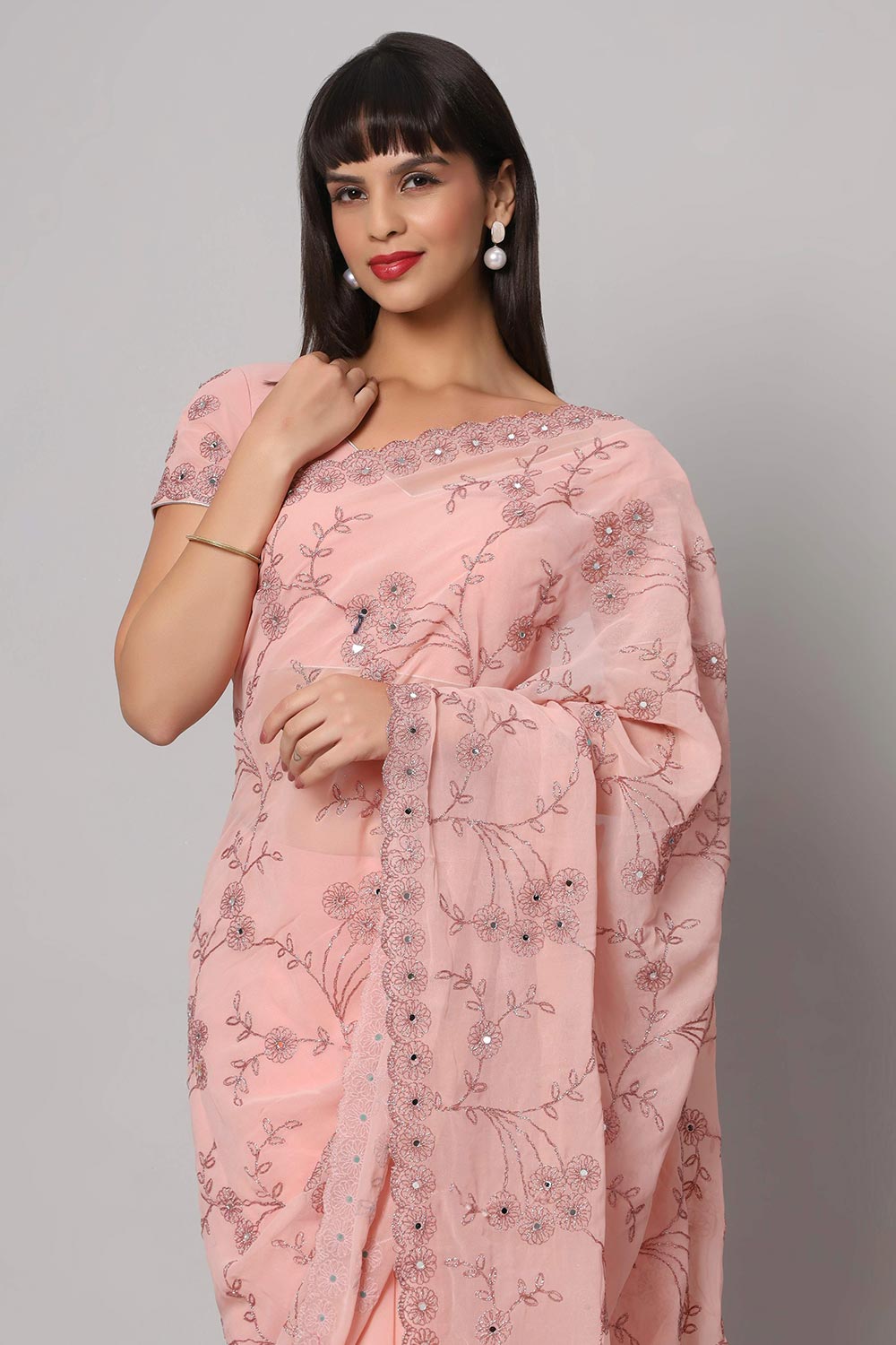 Esha Dusty Rose Embroidered Mirror Work One Minute Saree