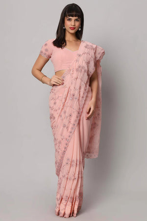 Esha Dusty Rose Embroidered Mirror Work One Minute Saree