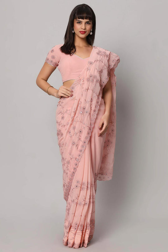 Esha Dusty Rose Georgette Embroidered &amp; Mirror Work Ready to Wear One Minute Saree