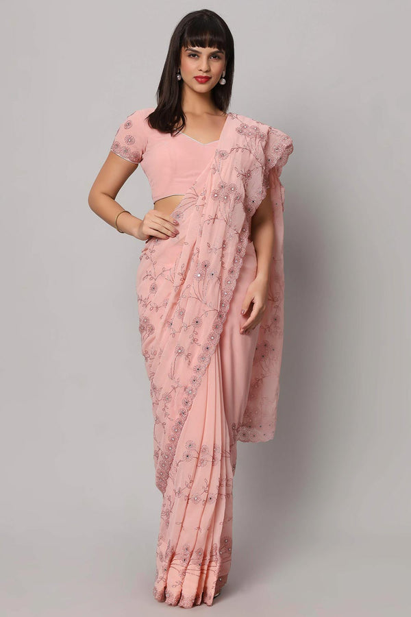 Esha Dusty Rose Embroidered Mirror Work One Minute Saree