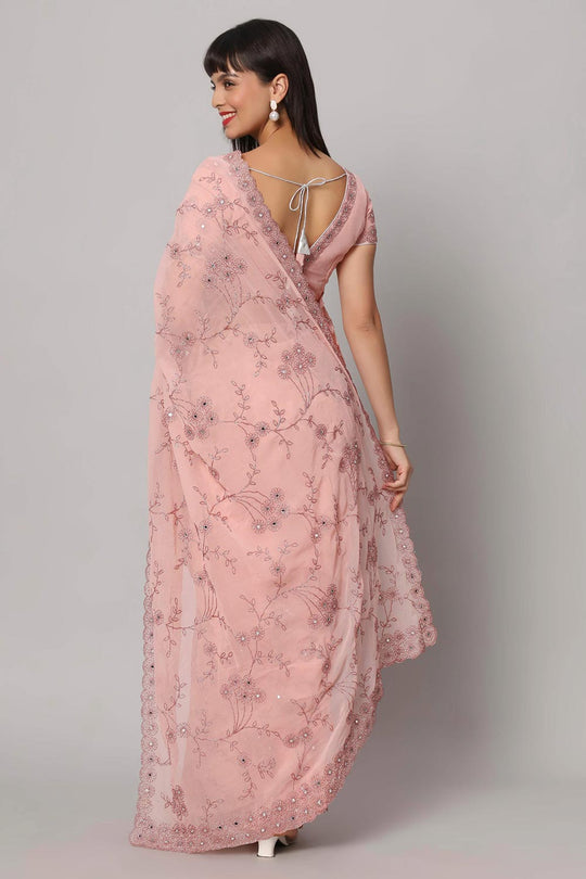 Esha Dusty Rose Georgette Embroidered &amp; Mirror Work Ready to Wear One Minute Saree