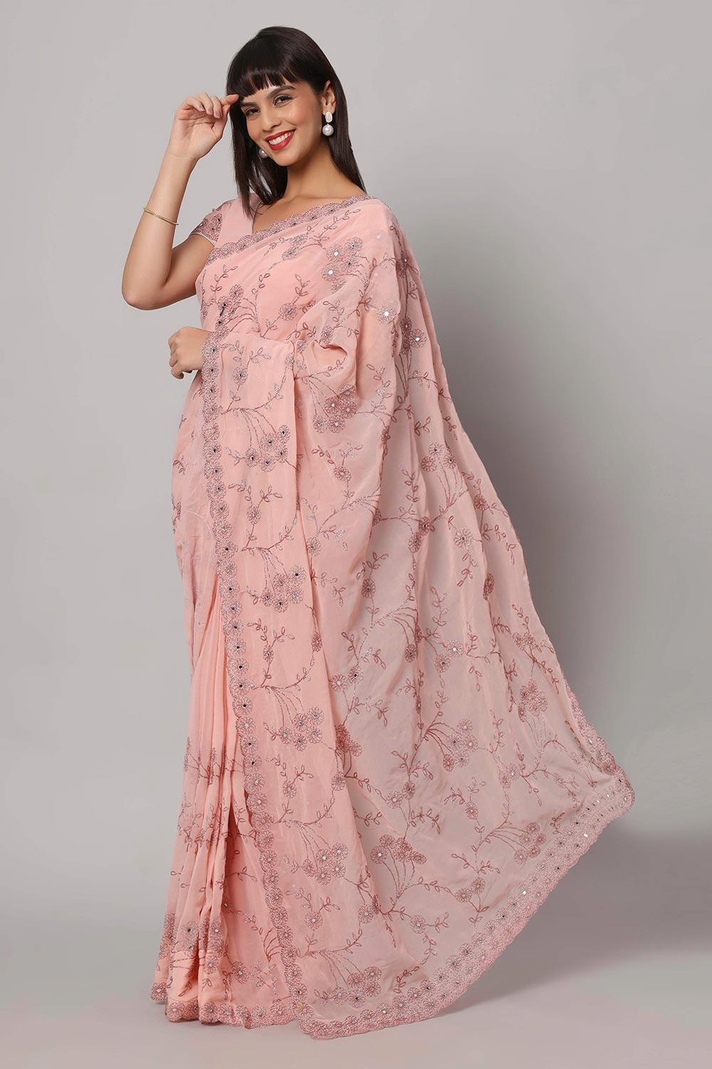 Esha Dusty Rose Georgette Embroidered &amp; Mirror Work Ready to Wear One Minute Saree