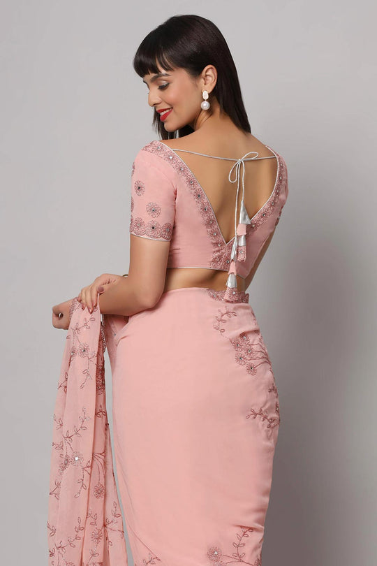 Esha Dusty Rose Georgette Embroidered &amp; Mirror Work Ready to Wear One Minute Saree