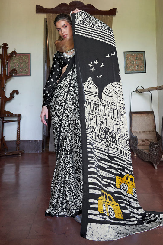 Poorna Black &amp; White Modal Satin Cityscape Print Ready to Wear Saree
