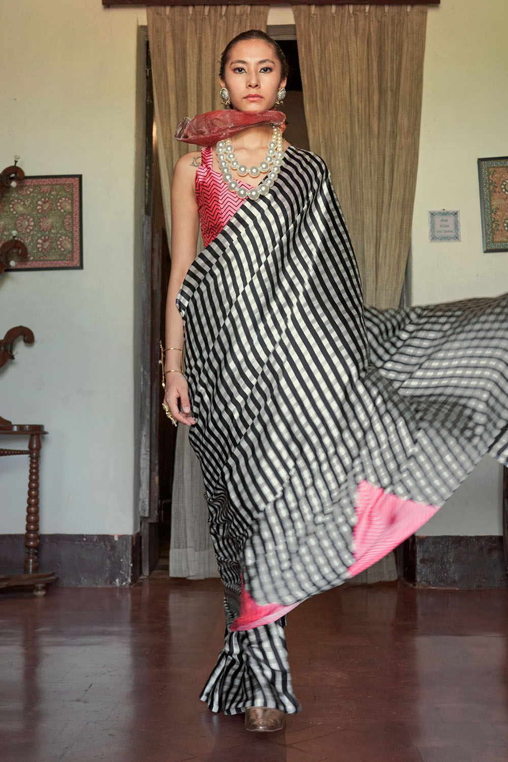 Poorna Black &amp; White Striped Modal Satin Ready to Wear Saree