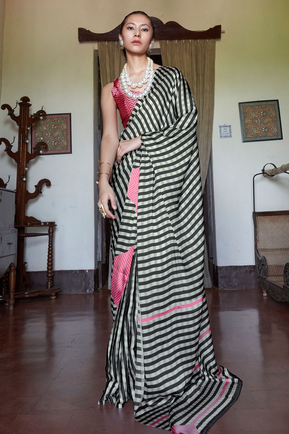 Poorna Black &amp; White Striped Modal Satin Ready to Wear Saree