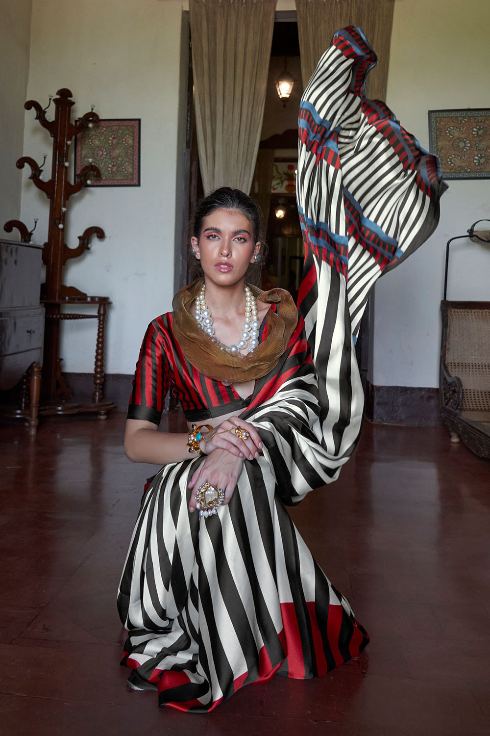Poorna Black &amp; Red Striped Modal Satin Ready to Wear Saree