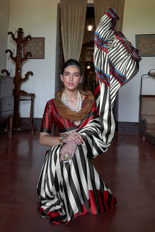 Poorna Black &amp; Red Striped Modal Satin Ready to Wear Saree