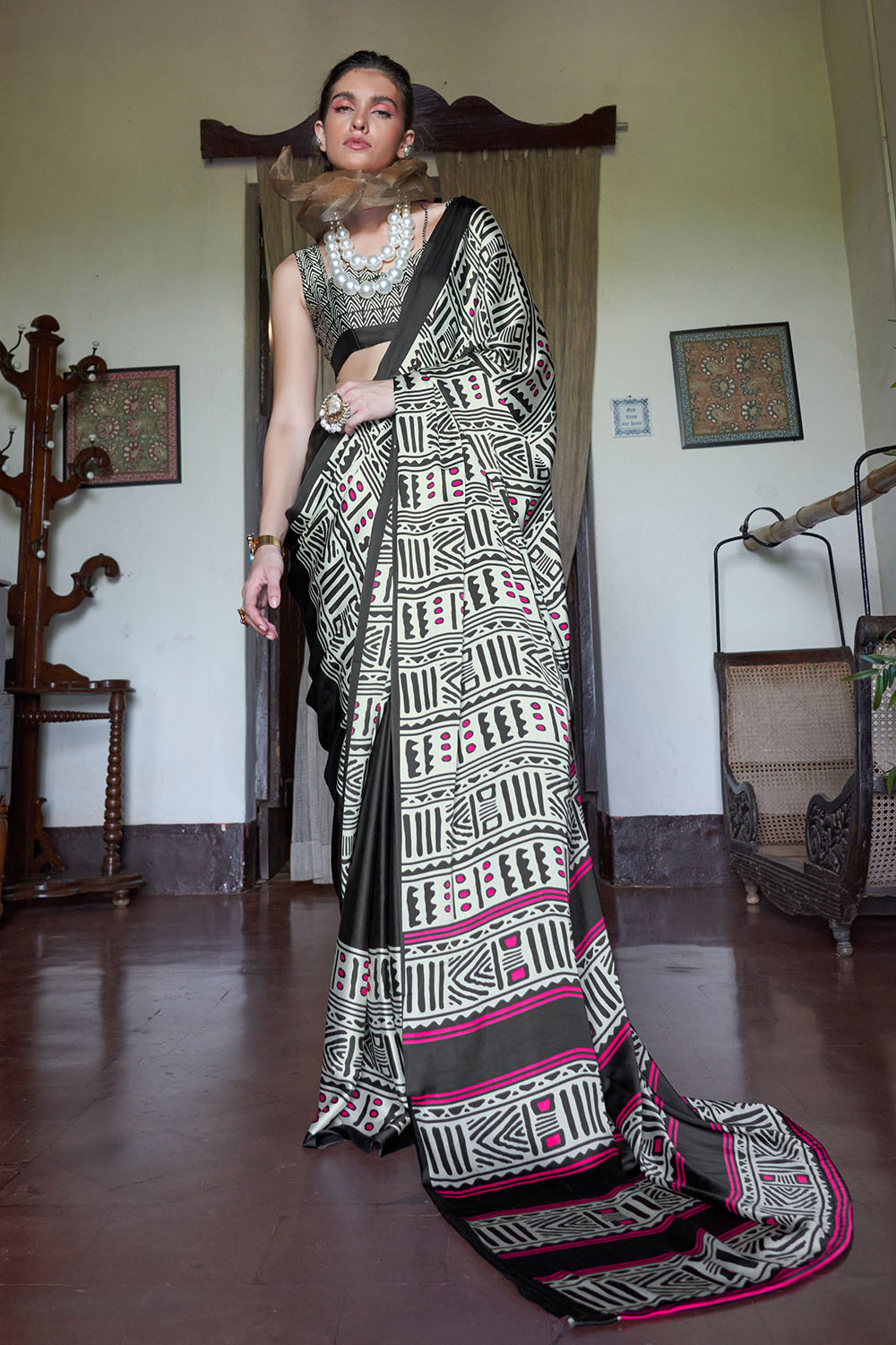 Poorna Black &amp; White Tribal Print Modal Satin Ready to Wear Saree