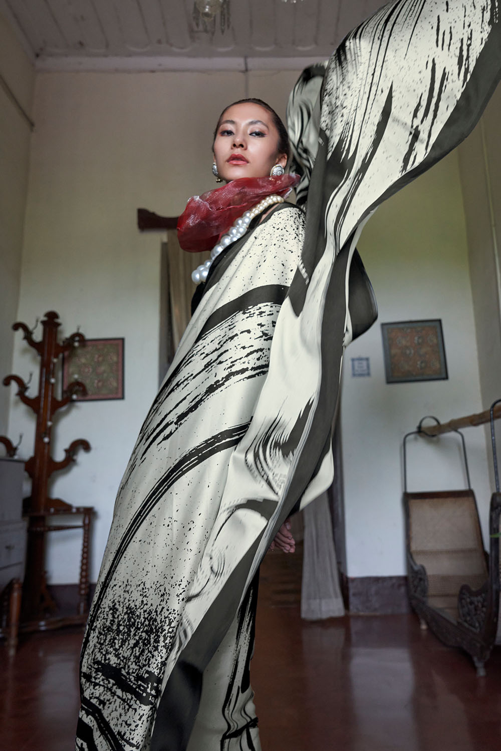 Poorna Black & White Abstract Artistic Print Modal Satin Ready to Wear Saree