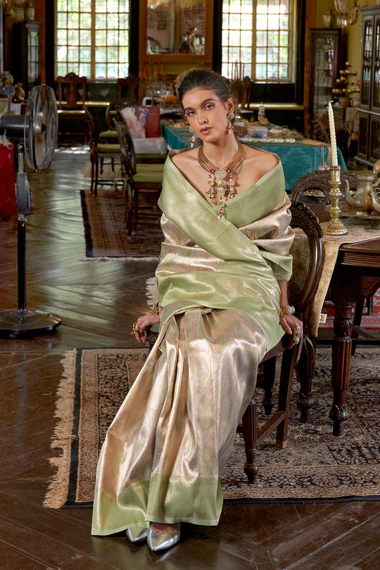 Siya Pastel Green & Gold Hand Woven Kanjivaram One Minute Saree