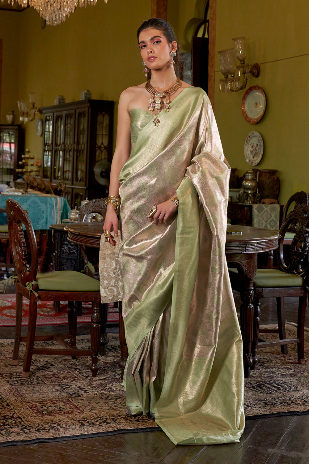 Siya Pastel Green & Gold Hand Woven Kanjivaram One Minute Saree