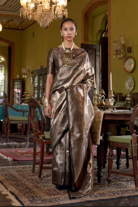 Siya Brown & Gold Hand Woven Kanjivaram One Minute Saree