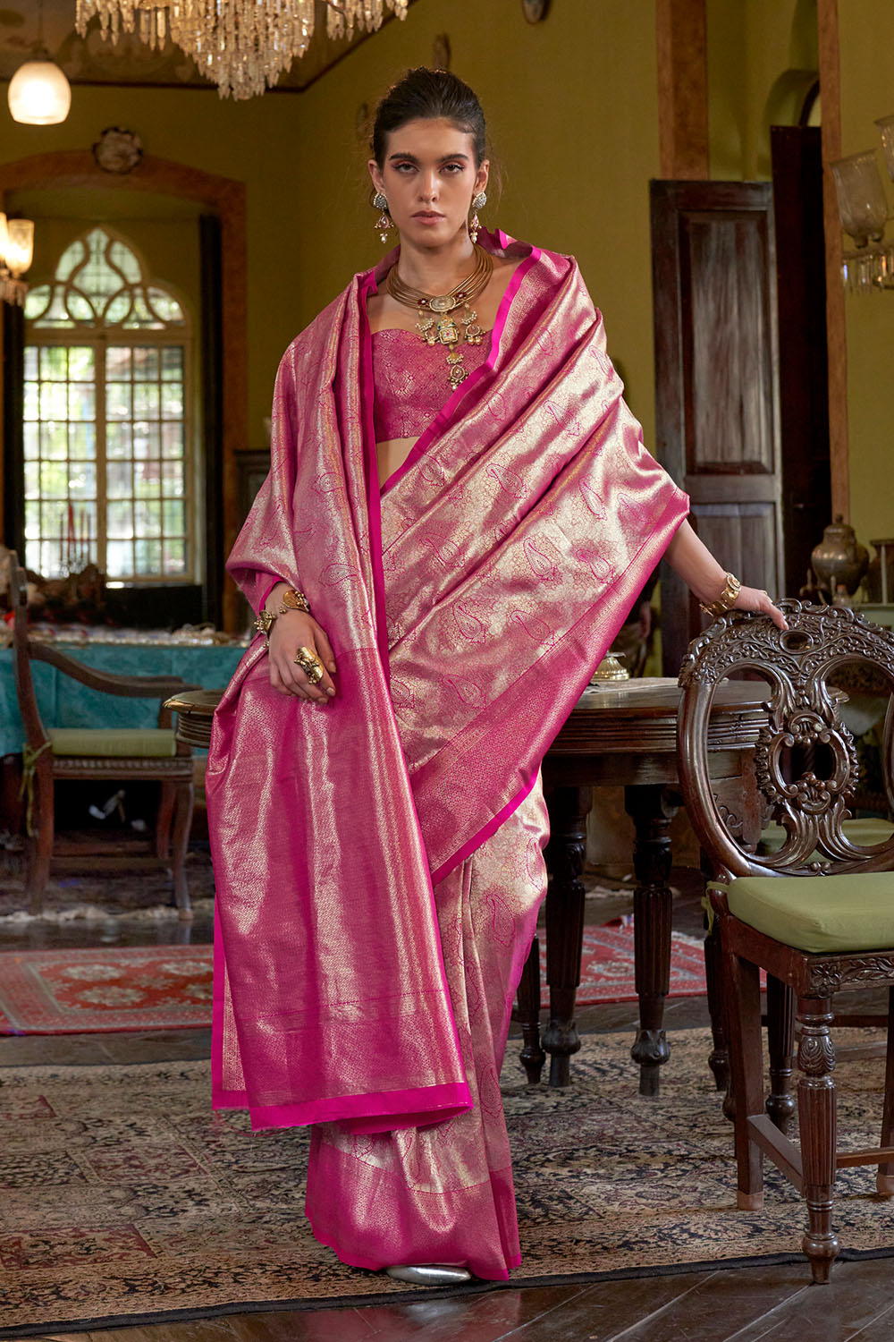 Siya Fuchsia Pink & Gold Hand Woven Kanjivaram One Minute Saree