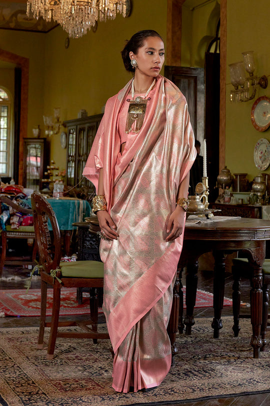 Siya Peach & Gold Zari Hand Woven Kanjivaram One Minute Saree