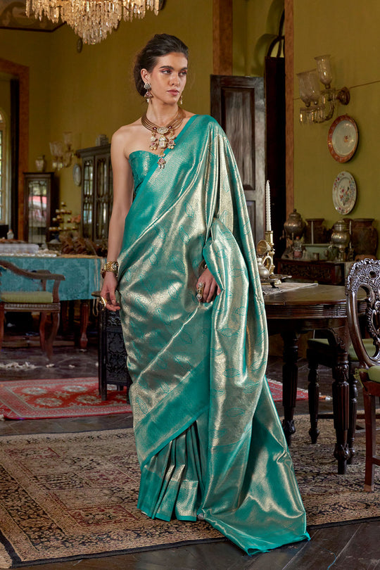 Siya Teal Green Gold Zari Hand Woven Kanjivaram One Minute Saree