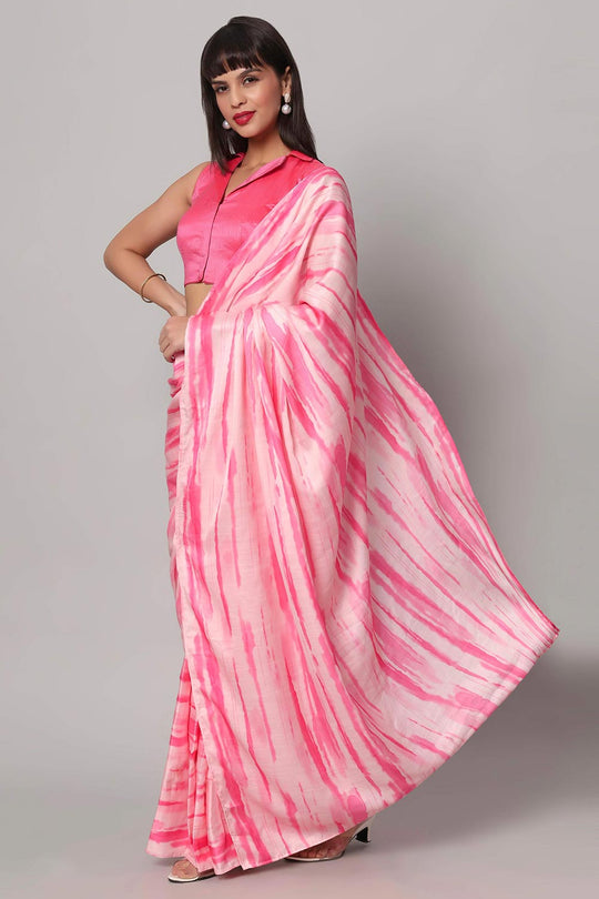 Paula Pink & White Satin Tie & Dye Ready to Wear One Minute Saree