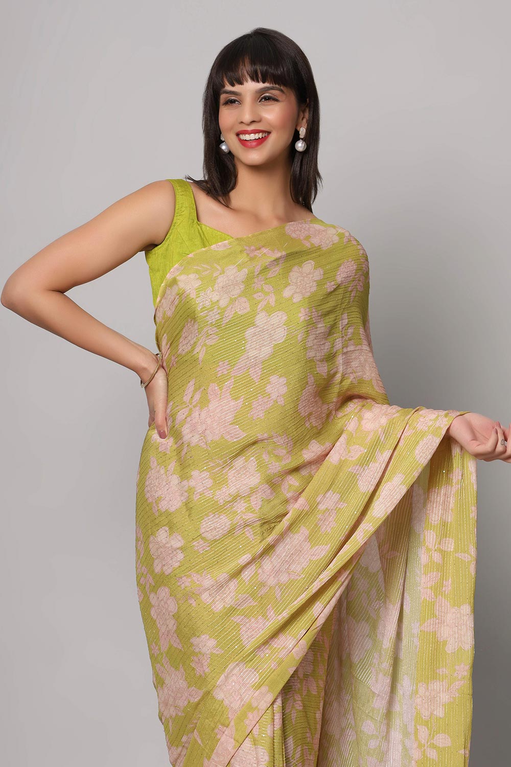 Linda Lime Green Georgette Floral Sequins One Minute Saree