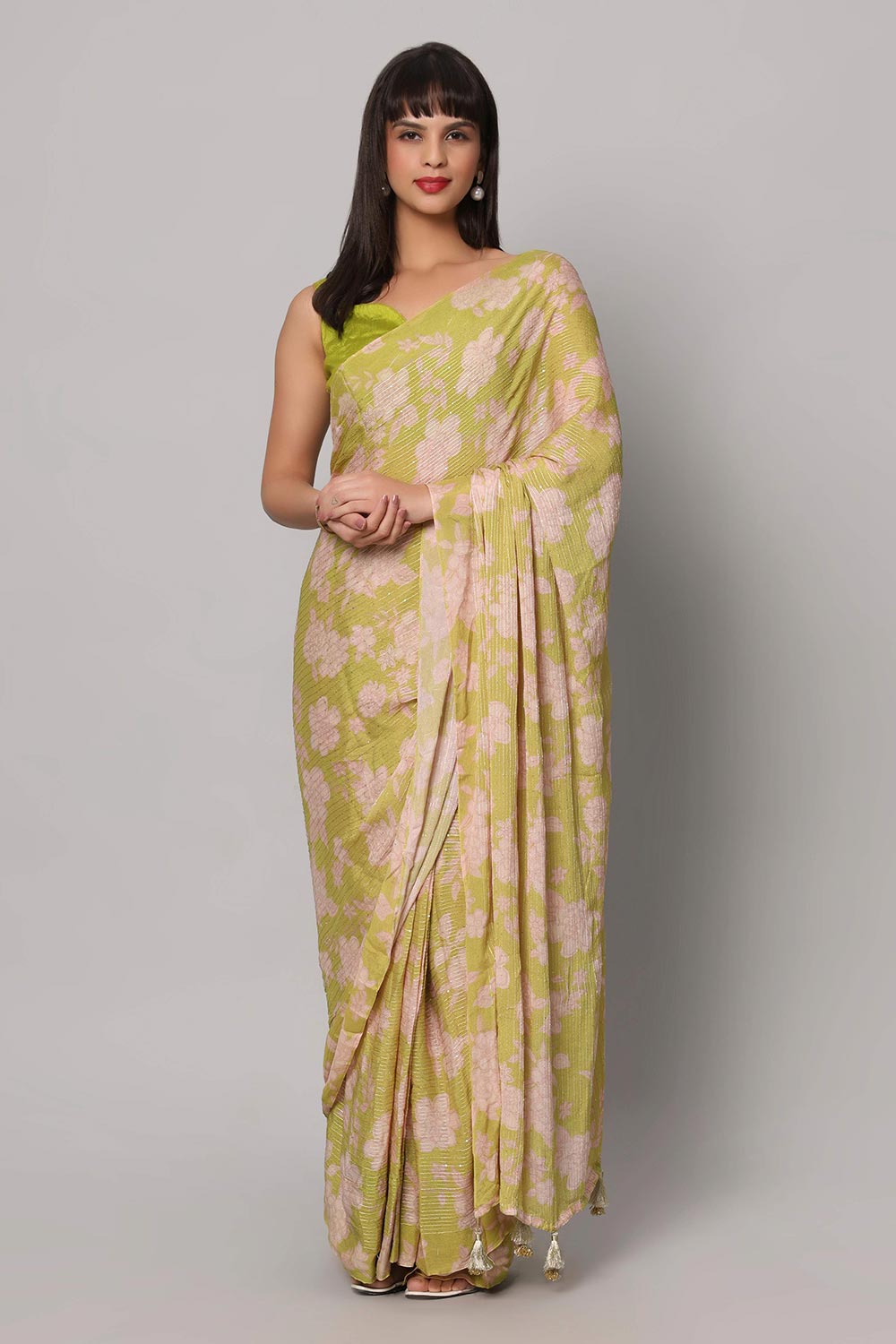 Linda Lime Green Georgette Floral Sequins One Minute Saree