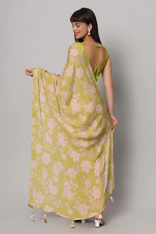 Linda Lime Green Georgette Floral Sequins One Minute Saree