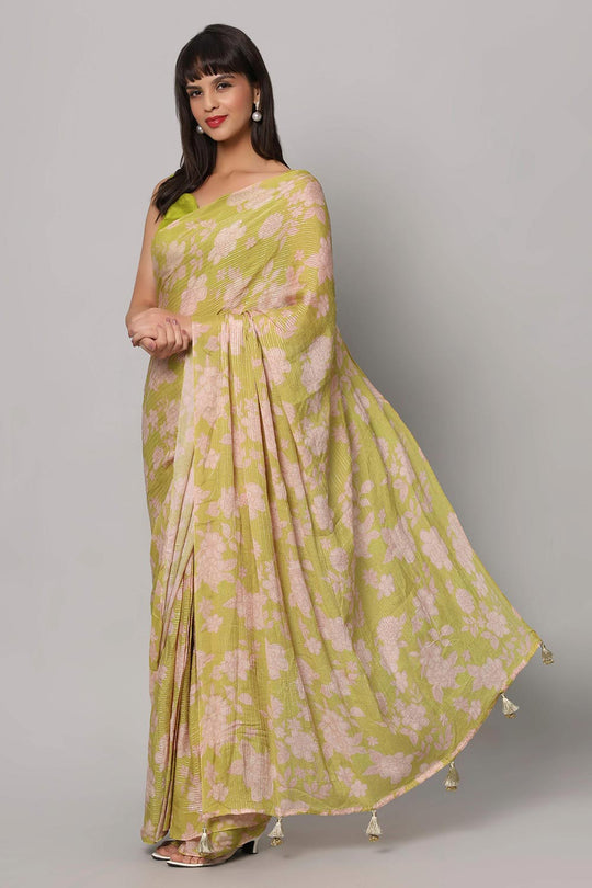 Linda Lime Green Georgette Floral Sequins One Minute Saree