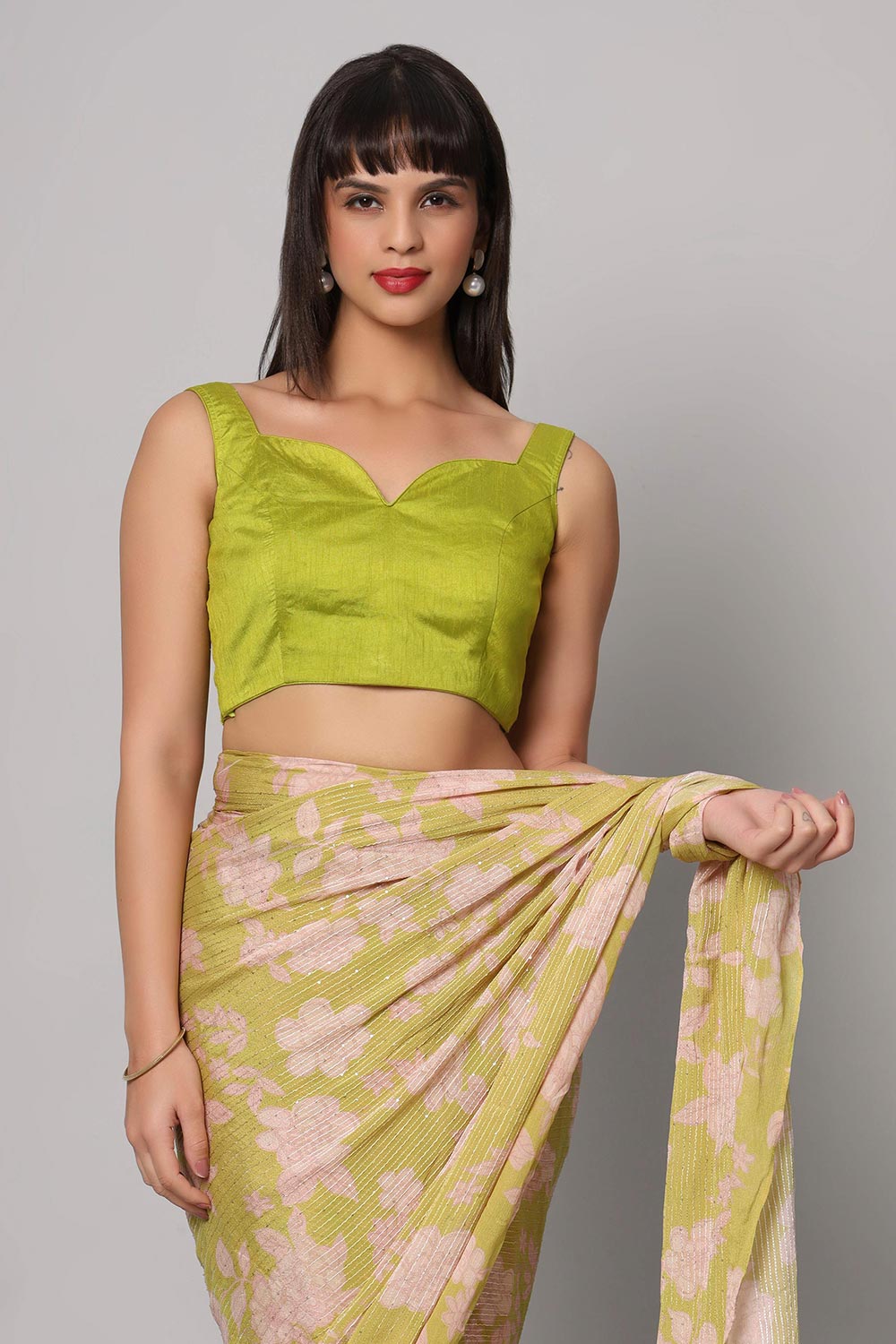 Linda Lime Green Georgette Floral Sequins One Minute Saree