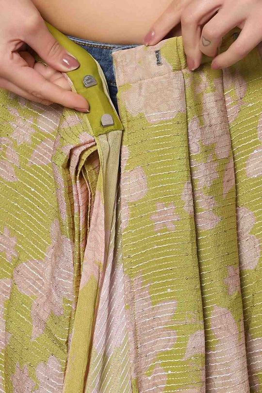 Linda Lime Green Georgette Floral Sequins One Minute Saree